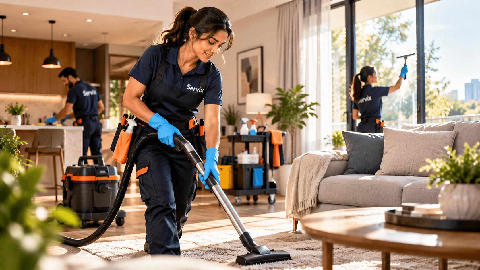 Pro TeamX uniformed cleaning crew vacuuming and maintaining high quality standards