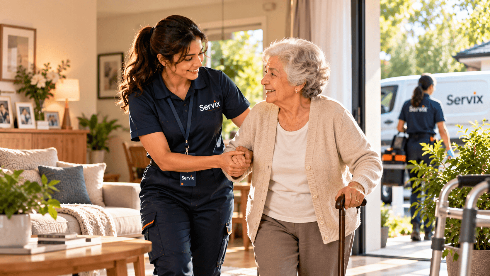 Pro TeamX-branded caregiver assisting senior resident walking with cane in a welcoming home